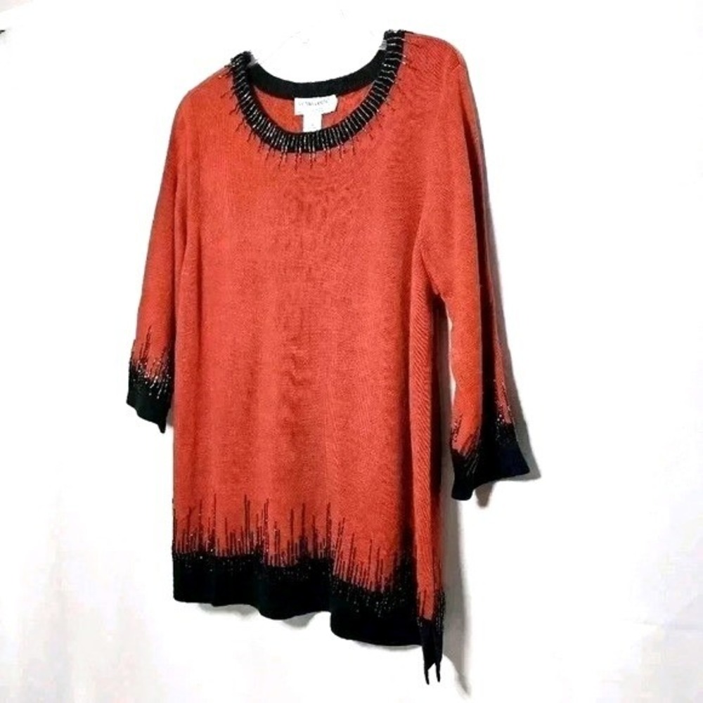 Victor Costa Occasion Women Red Black Acrylic Beaded Knit Sweater